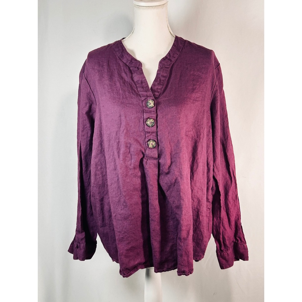 Ellen Tracy Womens XL Purple 100% Linen Long Sleeve Button Henly Tunic Blouse